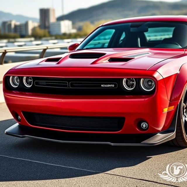 A Dodge Challenger Widebody, featuring an Alfa Romeo style bumper embellished with a prominent 'scudetto' badge, painted in a vibrant red color