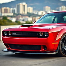 A Dodge Challenger Widebody, featuring an Alfa Romeo style bumper embellished with a prominent 'scudetto' badge, painted in a vibrant red color