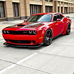 A Dodge Challenger Widebody with a distinctive Alfa Romeo-style bumper, featuring sleek lines and an aggressive stance