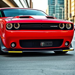 A Dodge Challenger Widebody with a distinctive Alfa Romeo-style bumper, featuring sleek lines and an aggressive stance