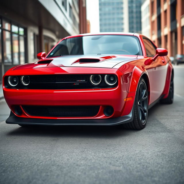 A Dodge Challenger Widebody with a distinctive Alfa Romeo-style bumper, featuring sleek lines and an aggressive stance