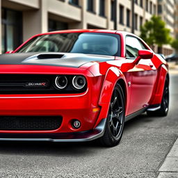 A Dodge Challenger Widebody with a distinctive Alfa Romeo-style bumper, featuring sleek lines and an aggressive stance