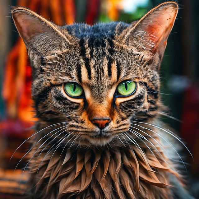 A photorealistic image of a domestic cat with glossy fur in hues of orange, cream, and brown. Its green eyes are wide and alert, and its face is expressive. The background is blurred out to focus on the cat.