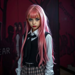 A killer school girl with long pink hair, styled in a dramatic fashion, wearing a fashionable black and white outfit