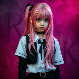 A killer school girl with long pink hair, styled in a dramatic fashion, wearing a fashionable black and white outfit