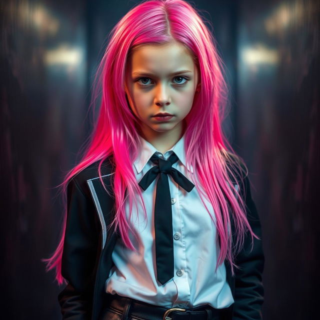 A killer school girl with long pink hair, styled in a dramatic fashion, wearing a fashionable black and white outfit