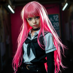 A killer school girl with long pink hair, styled in a dramatic fashion, wearing a fashionable black and white outfit