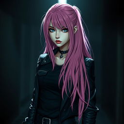 A killer teenage girl with long pink hair, portrayed in an edgy and dramatic style