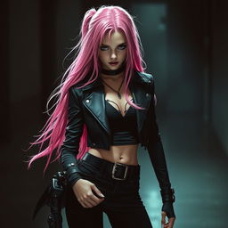 A killer teenage girl with long pink hair, portrayed in an edgy and dramatic style