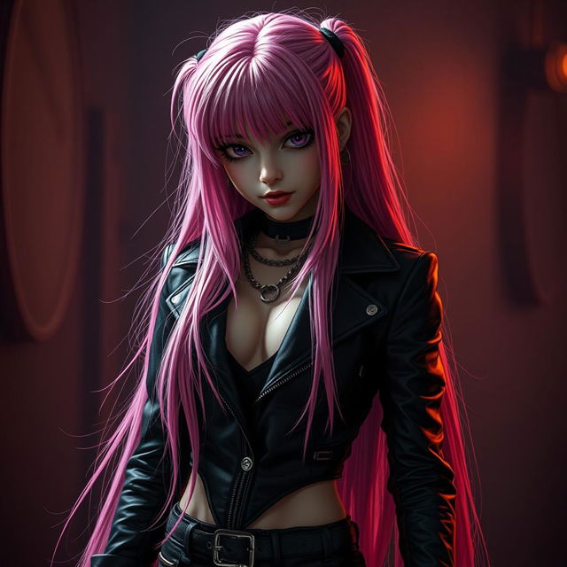 A killer teenage girl with long pink hair, portrayed in an edgy and dramatic style