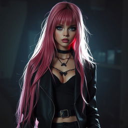 A killer teenage girl with long pink hair, portrayed in an edgy and dramatic style