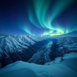 A breathtaking view of snowy mountains and dramatic fjords illuminated by a starry sky, showcasing vibrant northern lights dancing overhead