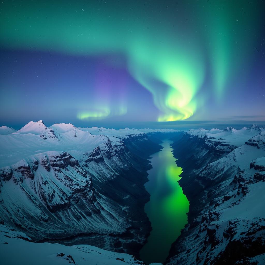 A breathtaking view of snowy mountains and dramatic fjords illuminated by a starry sky, showcasing vibrant northern lights dancing overhead