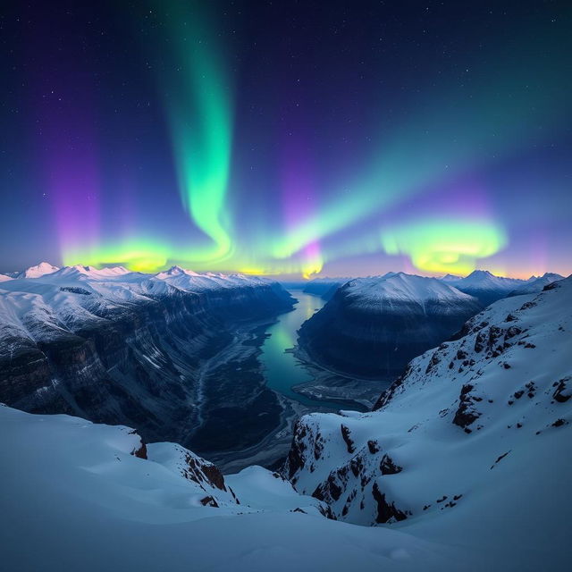 A breathtaking view of snowy mountains and dramatic fjords illuminated by a starry sky, showcasing vibrant northern lights dancing overhead