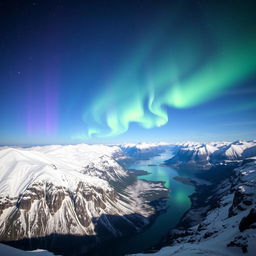 A breathtaking view of snowy mountains and dramatic fjords illuminated by a starry sky, showcasing vibrant northern lights dancing overhead