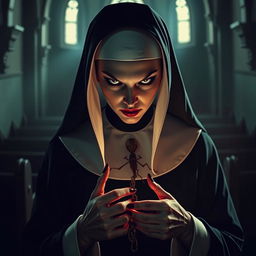 A dramatic portrayal of a nun turned killer, known as the "Praying Mantis," dressed in a dark, stylized version of traditional nun attire