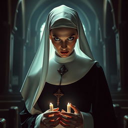 A dramatic portrayal of a nun turned killer, known as the "Praying Mantis," dressed in a dark, stylized version of traditional nun attire