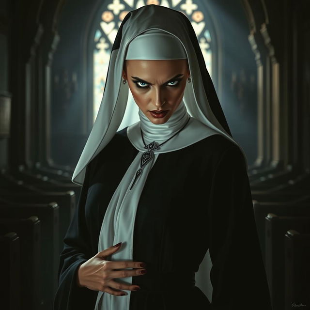 A dramatic portrayal of a nun turned killer, known as the "Praying Mantis," dressed in a dark, stylized version of traditional nun attire