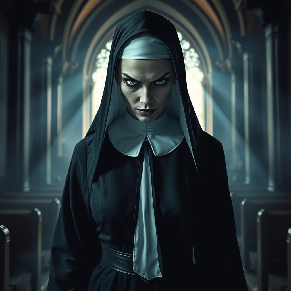 A dramatic portrayal of a nun turned killer, known as the "Praying Mantis," dressed in a dark, stylized version of traditional nun attire