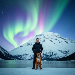 A man standing with his dog in a stunning fjord with a majestic, snow-covered mountain in the background