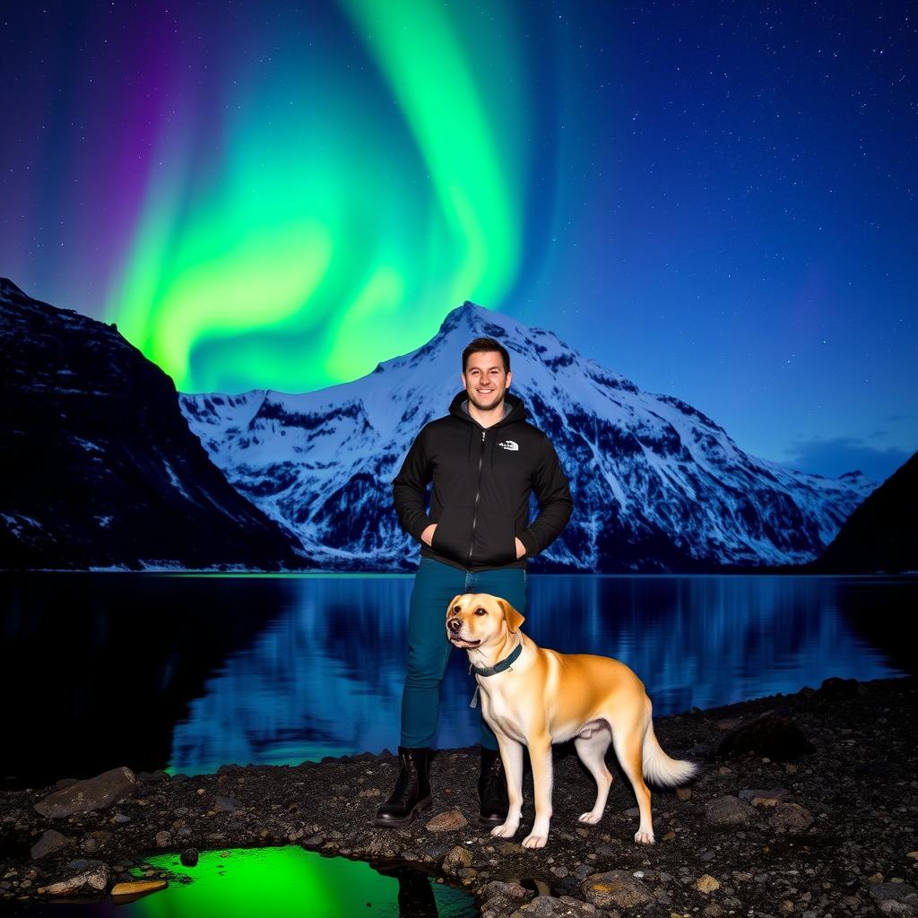 A man standing with his dog in a stunning fjord with a majestic, snow-covered mountain in the background