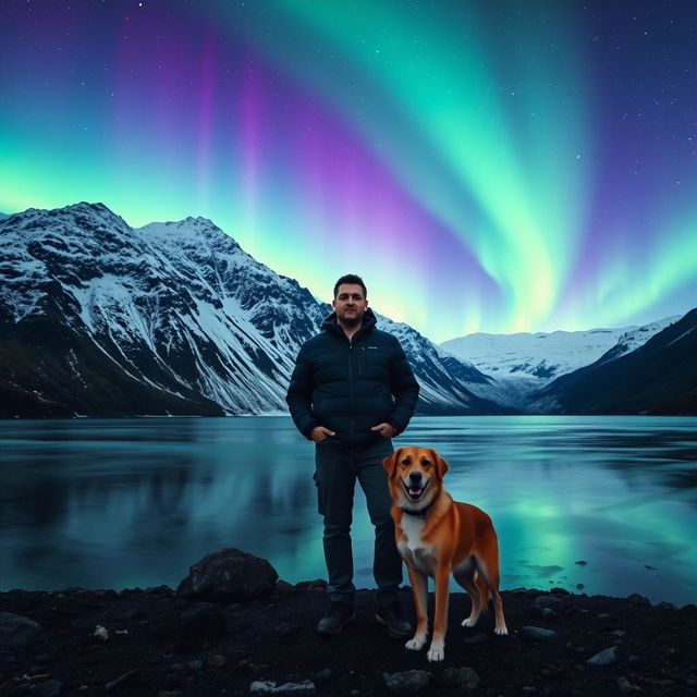 A man standing with his dog in a stunning fjord with a majestic, snow-covered mountain in the background