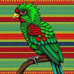 An illustration of a quetzal bird depicted in a traditional woven textile style