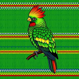 An illustration of a quetzal bird depicted in a traditional woven textile style