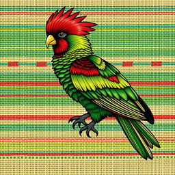 An illustration of a quetzal bird depicted in a traditional woven textile style