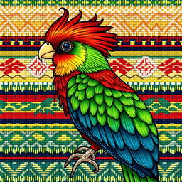 An illustration of a quetzal bird depicted in a traditional woven textile style