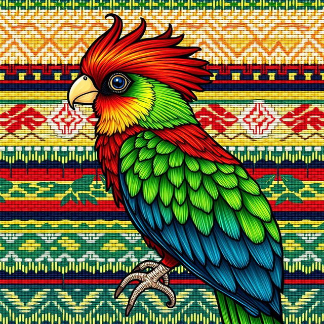 An illustration of a quetzal bird depicted in a traditional woven textile style