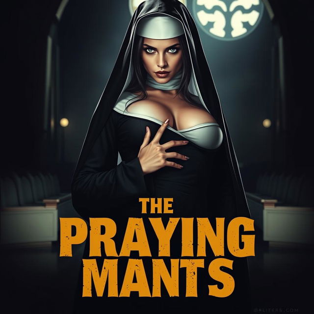 A striking movie poster featuring a sexy nun turned killer, known as "The Praying Mantis