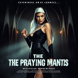 A striking movie poster featuring a sexy nun turned killer, known as "The Praying Mantis