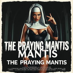 A striking movie poster featuring a sexy nun turned killer, known as "The Praying Mantis