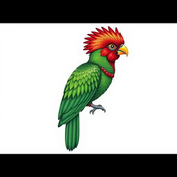 An illustration of a quetzal bird depicted in a traditional woven textile style, set against a white background