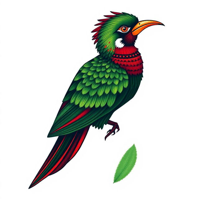 An illustration of a quetzal bird depicted in a traditional woven textile style, set against a white background