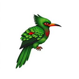 An illustration of a quetzal bird depicted in a traditional woven textile style, set against a white background