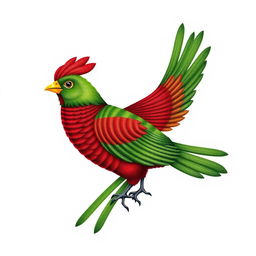 An illustration of a quetzal bird depicted in a traditional woven textile style, set against a white background