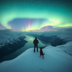 A serene scene depicting a man standing on top of a snow-covered mountain, gazing over a stunning fjord below