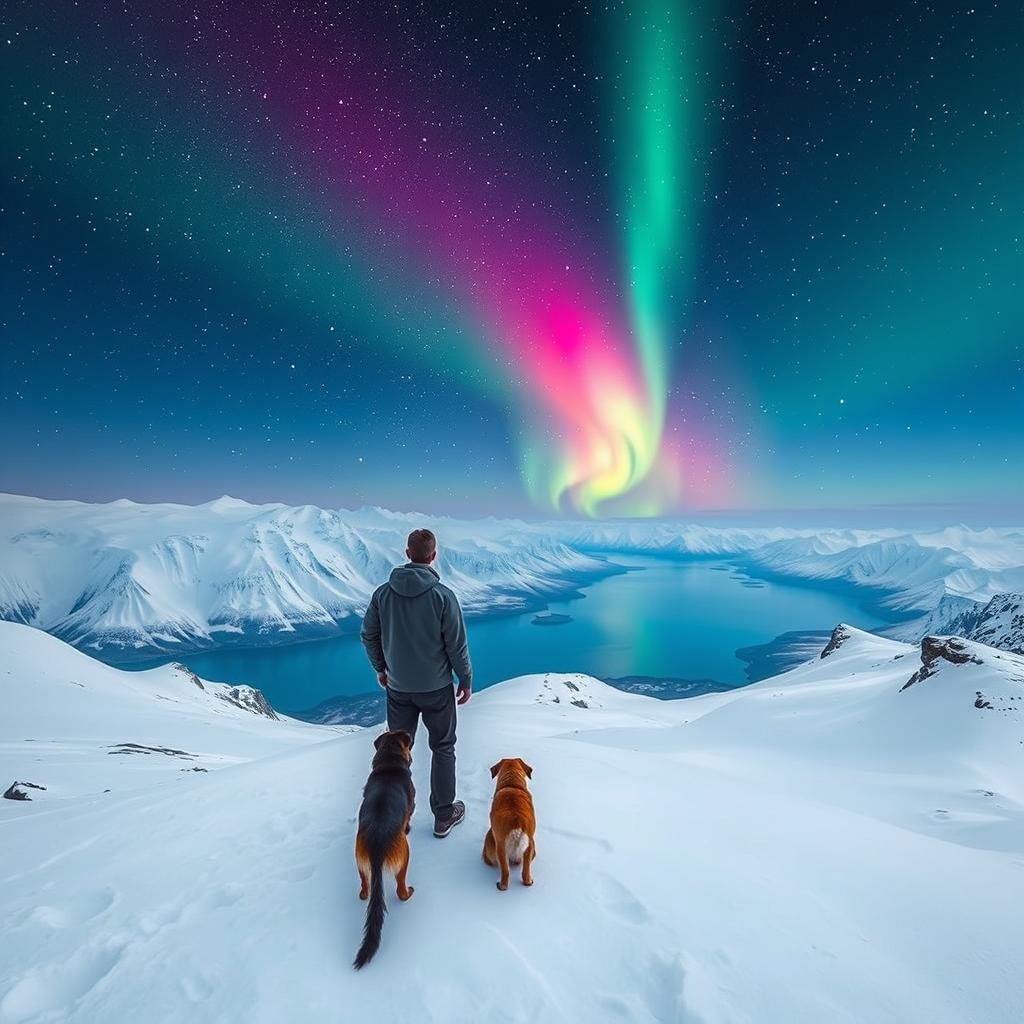 A serene scene depicting a man standing on top of a snow-covered mountain, gazing over a stunning fjord below