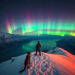 A serene scene depicting a man standing on top of a snow-covered mountain, gazing over a stunning fjord below