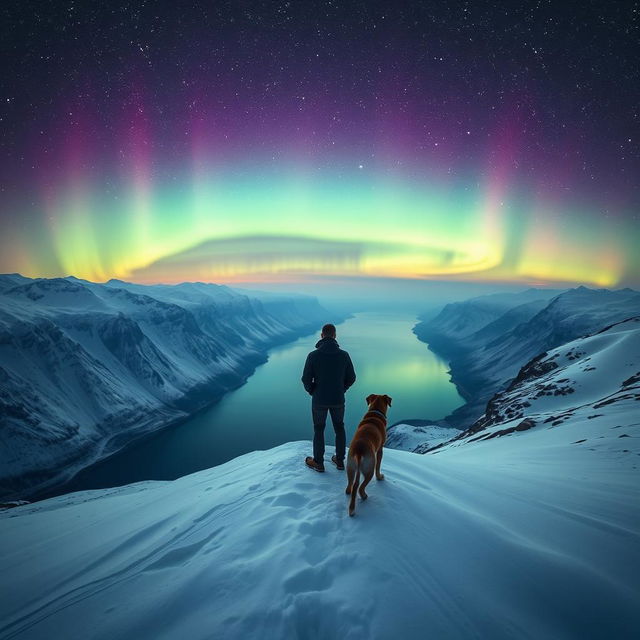 A serene scene depicting a man standing on top of a snow-covered mountain, gazing over a stunning fjord below