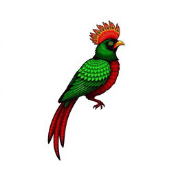 An illustration of the quetzal bird, a symbol of Guatemala, showcasing its long tail in a traditional woven textile style