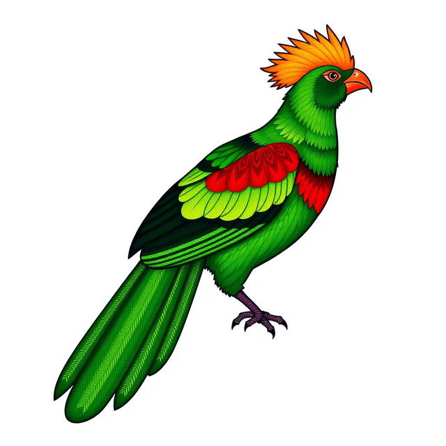 An illustration of the quetzal bird, a symbol of Guatemala, showcasing its long tail in a traditional woven textile style