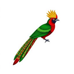An illustration of the quetzal bird, a symbol of Guatemala, showcasing its long tail in a traditional woven textile style