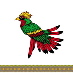 An illustration of the quetzal bird, a symbol of Guatemala, showcasing its long tail in a traditional woven textile style