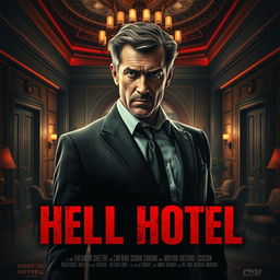 An eye-catching movie poster featuring a male con artist with a suave yet nervous expression, depicted in a luxurious yet menacing hotel lobby