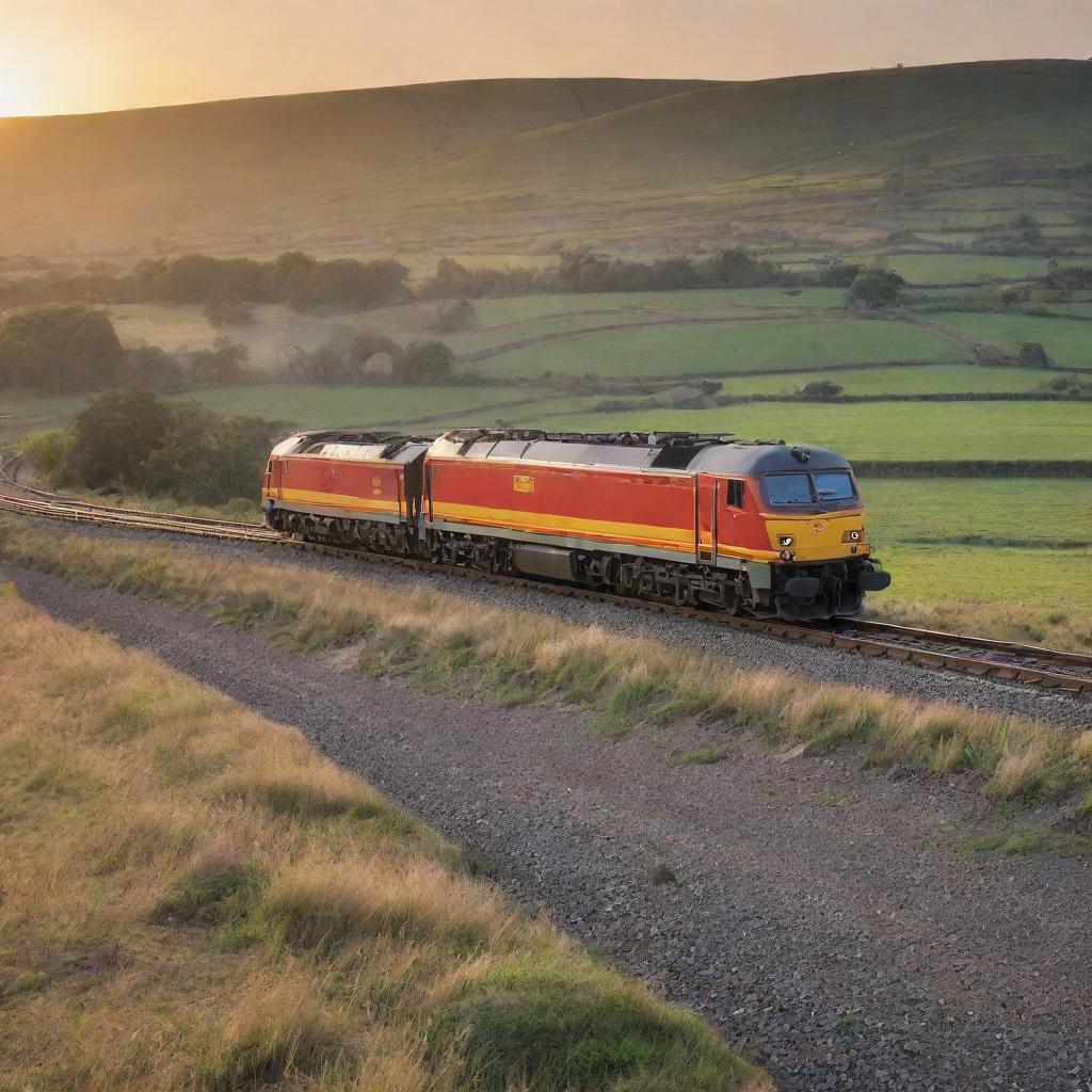 A CC 206 locomotive speeding on a rail track amidst a scenic countryside landscape at sunset, showing exquisite detailing and vitality