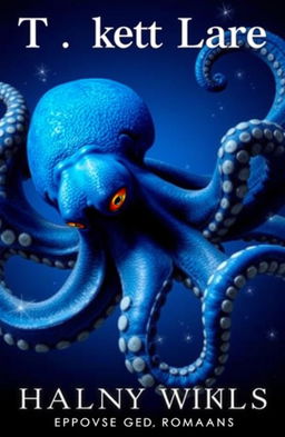 A dramatic and alluring book cover featuring half of a massive octopus with a vibrant blue body and striking golden eyes