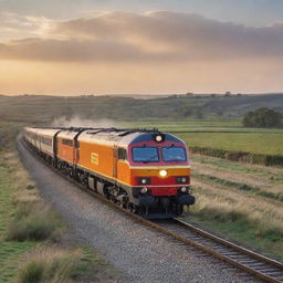 A CC 206 locomotive speeding on a rail track amidst a scenic countryside landscape at sunset, showing exquisite detailing and vitality